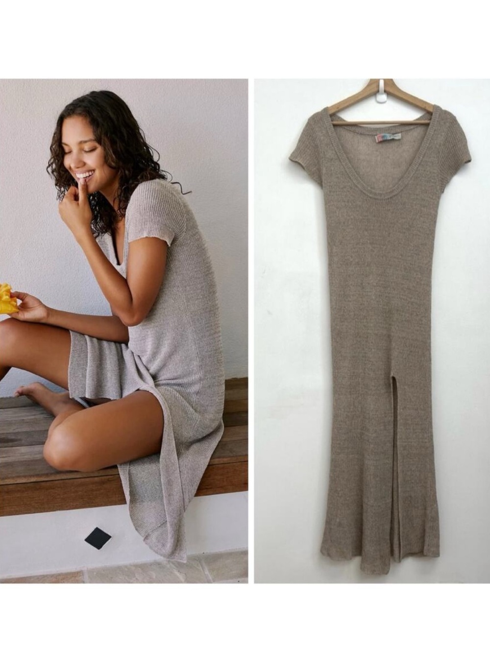 Free People FP Beach One Love MIDI Dress Stretch Knit Swim Coverup Natural XS S